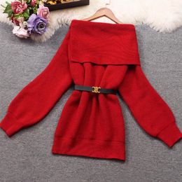 Casual Dresses Autumn And Winter Women's One Word Collar Slanting Shoulder Lotus Leaf Edge Lazy Knitting Sweater Dress