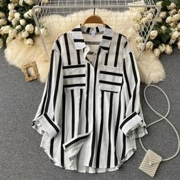 Women's Blouses 2024 Spring Summer Women Blouse Mid Length Vertical Stripe Shirt Woman Loose Coat Female Casual