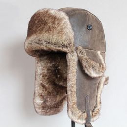 Bomber Hats Winter Men Warm Russian Ushanka Hat with Ear Flap Pu Leather Fur Trapper Cap Earflap D19011503283h