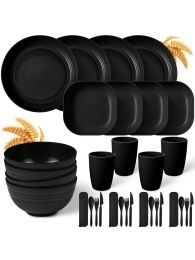 Sets 32pcs Black plastic cutlery set plates spitting dishes bowl cups cutlery 4 sets for outdoor camping party