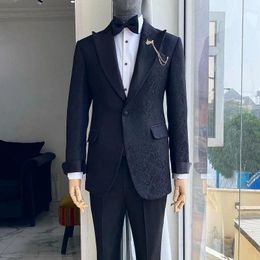 Men's Suits Jacquard Wedding Tuxedo For Groom Party Navy Blue Floral Slim Fit Men 2 Piece Custom Male Fashion Costume (Jacket Pants)