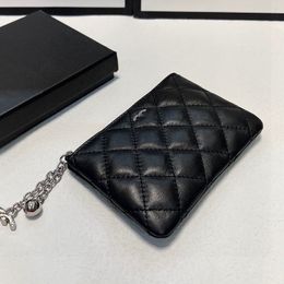 Womens Lambskin Black Coin Wallet Bags Card Holder With Zipper Pouch Little Bead Letter Charm Purse Diamond Lattice Silver Hardware