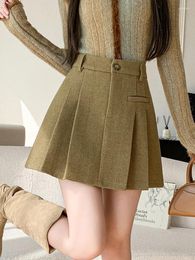 Skirts QOERLIN JK Preppy Style Woollen Mini Women 2024 High Waist Zipper Button Short Girls Casual Plain Saias Mujer
