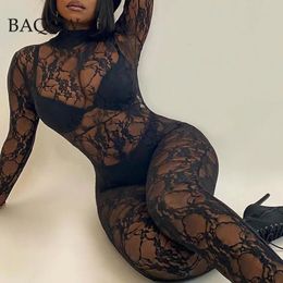 Mesh Sheer Hollow Out Long Sleeve Sexy See Through Skinny Exotic Jumpsuit Bodycon Summer Women Outfit Night Party with Gloves 240304