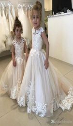 New Elegant Lace Applique Flower Girl Dresses For Wedding Buttons Back Toddler Pageant Gowns Tulle Sweep Train Kids Communion Dres4680951