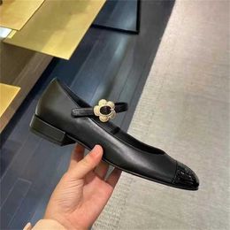 Sports 2024 One line single shoe shallow mouth round toe leather womens metal buckle camellia small fragrant style Mary Jane shoes low heel color matching