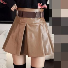 skirt 2022 autumn new vintage pleated skirt PU leather miniskirt female high waist hot girl aline skirt trend women clothing