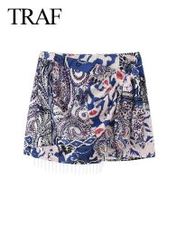skirt TRAF 2023 Female Bohemian Skirts Print High Waist Bow Asymmetrical Tassel Decorate Zipper Women's Fashion Summer Slim Skirts