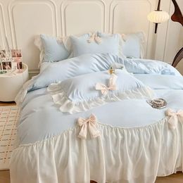 Princess Style Girl Heart Bed Sheet FourPiece Set Summer Bow Lace Ins Wind Chiffon Duvet Cover 4 240226