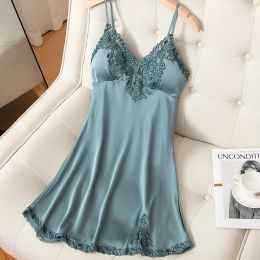 Dresses Lace Nightdress Satin Women Sleep Dress Sexy Lingerie Spaghetti Strap Nightgown Soft Sleepwear Home Dressing Gown with Pads