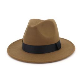 Unisex Wool Felt Wide Brim Jazz Fedora Hats with Black Ribbon Autumn Winter women men Panama Formal Hat Gambler Trilby Chapeau303k