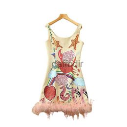 Basic Casual Dresses 2024 Summer Sleeveless Round Neck Multicolor Starfish Crab Print Panelled Feather Short Dress Elegant Casual Dresses 240304