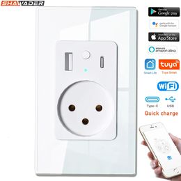 Tuya Wifi Smart Life Israel Power Wall Socket USB 48A Type C PD 30W for Iphone EU Plug Outlet Glass Panel by Alexa Home 240228