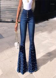 Dark Blue Jeans Women High Waist Jeans Boyfriends Button Tassel Pants Zipper Denim Trousers Hole Pocket Bellbottom Pants E1619816290