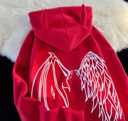 Men039s Hoodies Sweatshirts American Hip Hop Ox Horn Wing Red Hooded Harajuku Oversize Pullovers Men Fashion Autumn Sudaderas H9370043