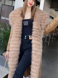 Coats OFTBUY 2023 Winter Women Down Jacket Real Fox Fur Coat Xlong Warm Light Big Collar Belted High Quality Goose Down Streetwear