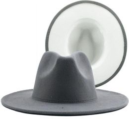 Simple Outer gray Inner white Wool Felt Jazz Fedora Hats with Thin Belt Buckle Men Women Wide Brim Panama Trilby Cap 56-58-60CM293j