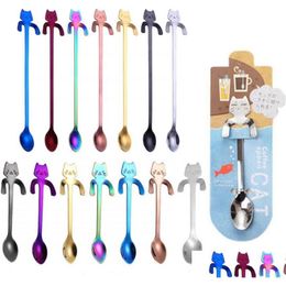 Spoons Cute Cat Coffee Stirring Spoon Stainless Steel Tea For Dessert Cake Sugar Ice Cream Kitchen Cafe Wedding Drop Delivery Home G Dhgym
