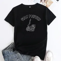 Women's T Shirts Stay Positive Skeleton Hand T-shirt Spooky Women Grunge Goth Tee Shirt Top
