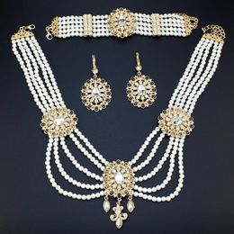 Gold Colour Morocco Luxuriant Bride Wedding Jewellery Sets Pearl Beaded Necklace Earring Bracelet For Women 240227