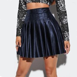 Skirts Club Skirt High Waist Faux Leather Pleated For Women A-line Clubwear Party Dance With Loose Hem Solid Colour Above