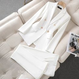 White Elegant Womens Suit Double Breasted BlazerFlare Pants Formal Business Pantsuit Office Jacket 2 Piece Female Outfits 240226