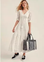 Casual Dresses Spanish Single Female Summer V-neck High Waist Lace Midlength Dress Beige White Splicing