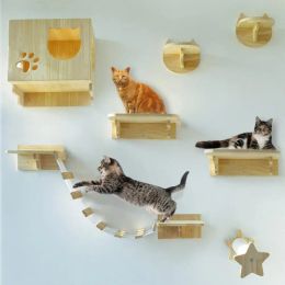 Scratchers Cat Wall Mounted Hammock Climbing Cat Tree Combination of Hemp Rope Ladder Cat Accessories Wooden Furniture Platform