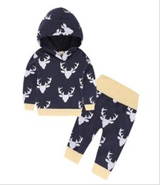 Baby clothing sets 2 pcs Kids Boys Long Sleeve Deer printed Hooded Sweater Trousers Christmas Clothes7297495