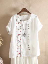 Blouse Cotton Linen Embroidery Women Shirts Summer New Elegant Vintage Floral Short Sleeve Casual Work Wear Tops Blouses 5XL