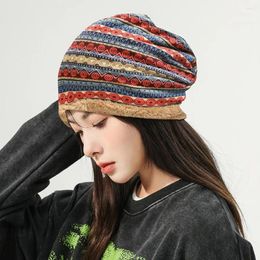 Berets Weather Beanie Hat Winter Thermal Retro Striped Color Block Women's With Thick Fleece Lining Stylish For Ear