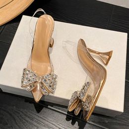 Dress Shoes 2024 PVC Transparent Women Pumps Sexy Crystal Bowknot Pointed Toe Slingback High Heels Mules Sandal Ladies Wedding Prom Shoe