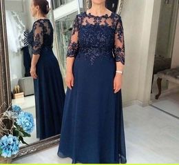 navy Blue Mother Of The Bride Dresses A-line sheer illusion 3/4 Sleeves crew Chiffon Appliques Beaded Groom Mother Dresses