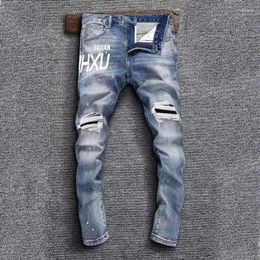 Men's Jeans High Street Fashion Men Retro Blue Elastic Slim Fit Hole Ripped Painted Printed Designer Hip Hop Denim Pants