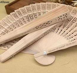 50Pcslot Personalised Fans Chinese Sandalwood Fan With Organza Bag Custom Made Names Words Hollow Out Hand Fans Summer Wedding Pa4947696