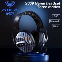 Cell Phone Earphones AULA S609 Bluetooth/2.4 G/Type-C Wired Gaming Headset Rechargeable Pluggable Built-in Microphone 4D Sound Effect Adjustable Size YQ240304