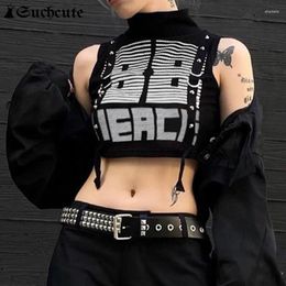 Women's Tanks SUCHCUTE Dark Academia Graphics Print Crop Tops Women Grunge Sleeveless Eyelet Strap Tank Top Gothic Streetwear Y2k Clothes