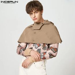 INCERUN Men Trench Cloak Solid Color Button Sleeveless Hooded Casual Ponchos Streetwear Fashion Irregular Coats Cape S-5XL 240304