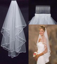 Elegant Bridal Veils with Ribbon Edge Brand New 2 Layers WhiteIvory Short Wedding Accessories In Stock Wedding Veils With Comb9664255