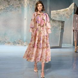 2024 Spring Summer Sashes Floral Print Women's Dress Ruffle Crew-Neck Zipper Long-Sleeve Woman's Casual Long Dresses AS056