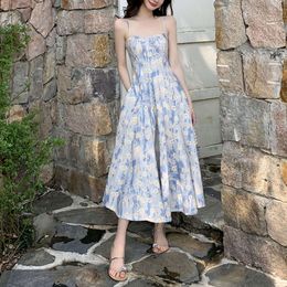 Long French Blue Oil Painting Skirt Beach Skirt Floral Suspender Dress Female Xia Xian Temperament Waist Up Summer 2024L7FC