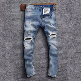 Men's Jeans Streetwear Fashion Men High Quality Retro Blue Stretch Slim Fit Hole Ripped Patched Designer Hip Hop Denim Pants
