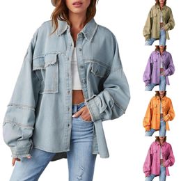 Patchwork Distressed Denim Jean Jacket Women'S Oversized Button Up Hem Shacket Long Sleeve Pockets Coats Loose Shirt Coat 240304