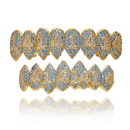 Gold Plated Colourful Blue 1414 CZ Vampire Teeth Grillz Iced Out Micro Pave Cubic Zircon 8 Tooth Hip Hop Grill Top Bottom Teeth Set with Silicon Moulding Bar Man Jewel