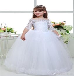 Sweety Long Lace Ball Gown Flower Girls Dresses Simple Half Sleeve Kids Wedding Party Dress First Communion Dresses For Girls2859228