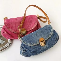 Women Designer Bags Vintage Washed Denim Hobo Underarm Shoulder Tote Bag with Leather Strap Baguette Bag