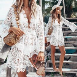 Women's Swimwear Summer Lace Croche Women Sexy Crochet Bikini Cover Up Floral White Black Bathing Beach Suit Dress Tops