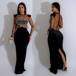 Women's Casual Dresses Long Sleeve See Through Mesh Night Club Dress Bodycon Maxi Evening Dress