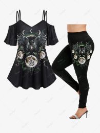 Suits Plus Size Printed Cami Tshirt Or Skinny Leggings Women's Casual Cold Shoulder Eagle Pentagram Moon Tee Or Tights