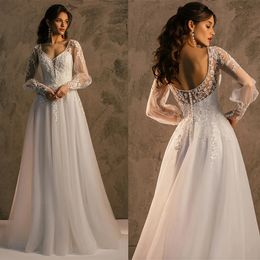 Apliques de renda de casamento simples vestidos de noiva de uma linha sem costas de manga longa vestidos de noiva feita personalizada